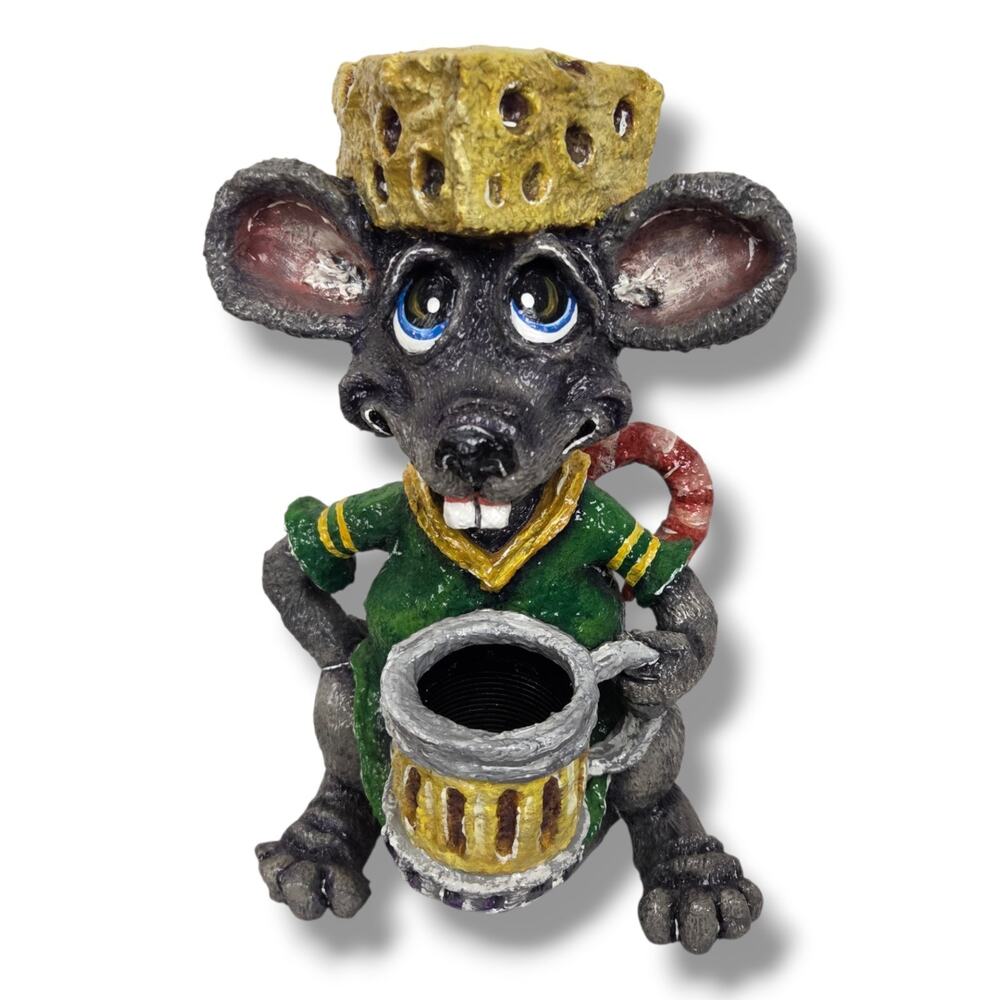 Hand Painted Green Bay Packers Football Art Sculpture Mouse Cheesehead Beer 15"